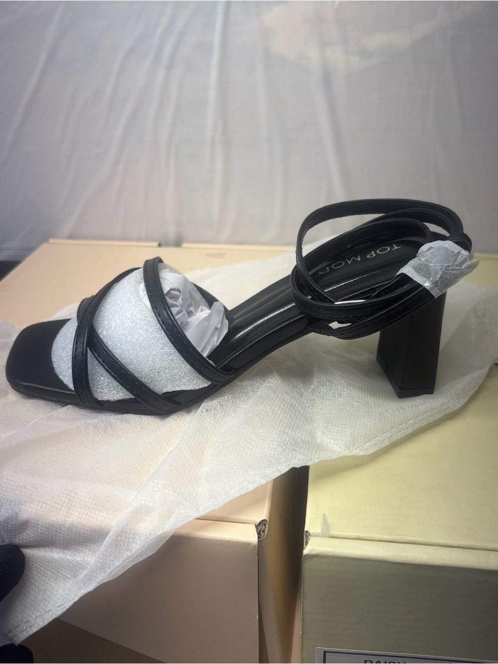TOP Moda Black Strappy Block Heel Sandal with White Accent